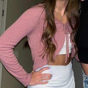 Ribbed Long Sleeve Scalloped Tie Top - Dusty Rose